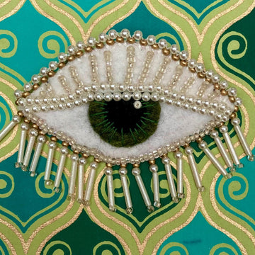 Beaded Brooch: Eye in Cream, Gold & Green