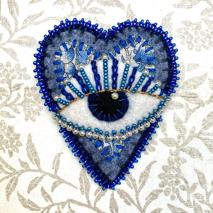 Beaded Brooch: Heart Eye in White & Blue