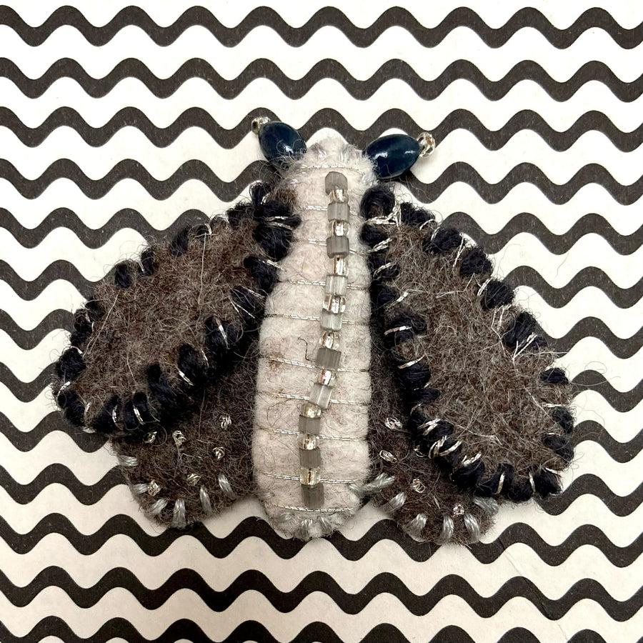 Beaded Brooch: Small Woolly Moth in Cream and Black 2