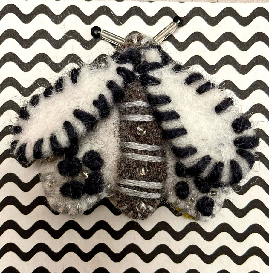 Beaded Brooch: Small Woolly Moth in Cream and Black