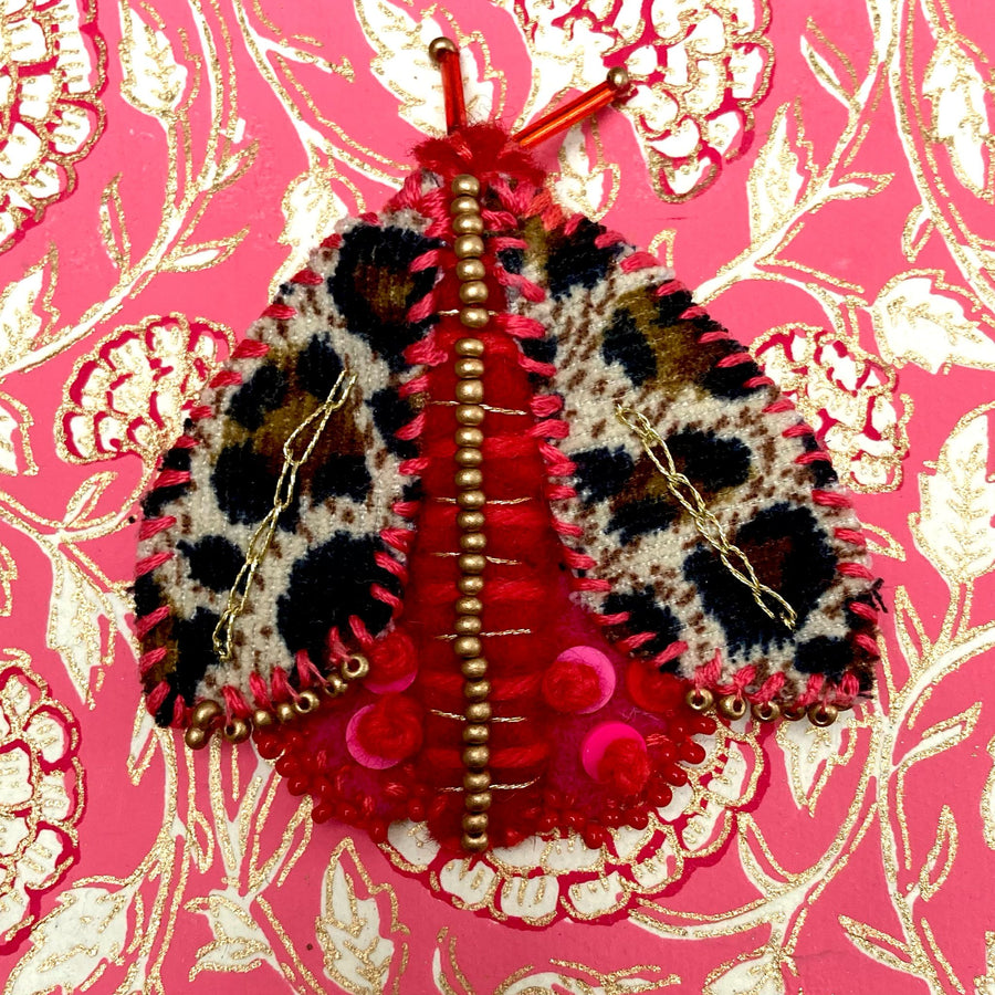 Beaded Brooch: Moth in Red & Animal Print