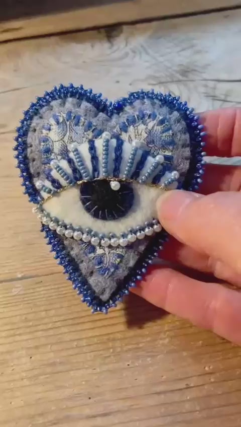 Beaded Brooch: Heart Eye in White & Blue